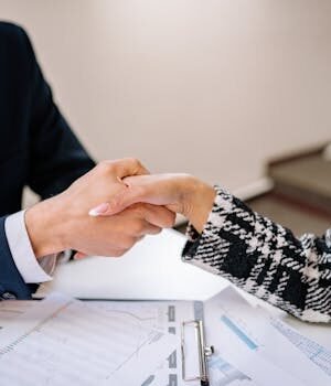 Close-up of a business handshake over documents in an office setting, symbolizing partnership.